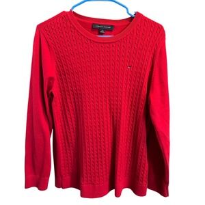 Tommy Hilfiger Womens Red Cable Knit Cotton Crew Neck Sweater Large TJROSK277F